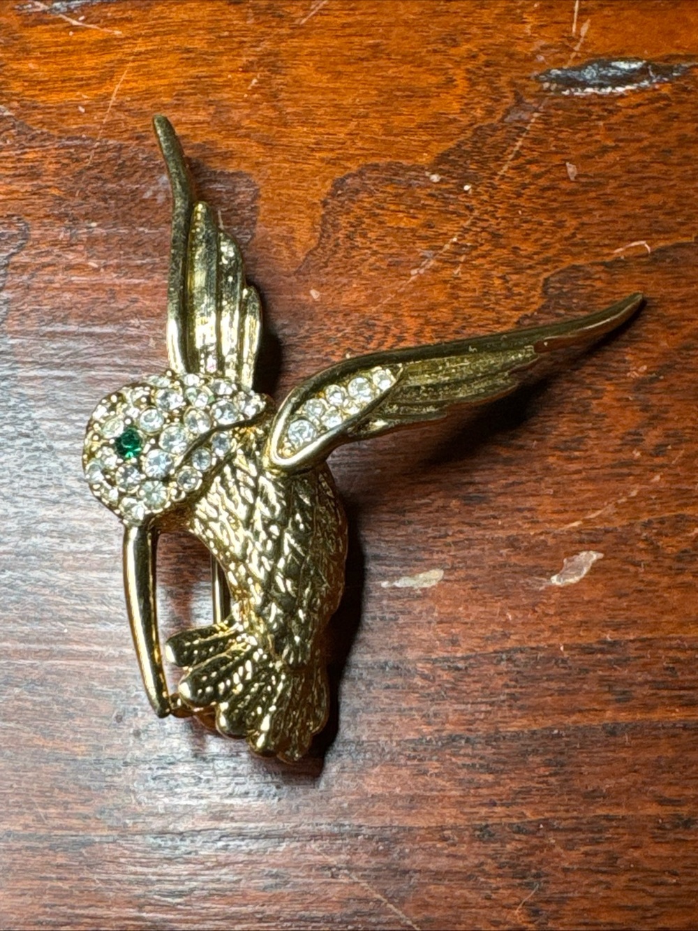 Gold Hummingbird Brooch with Clear Crystals and Green Eye